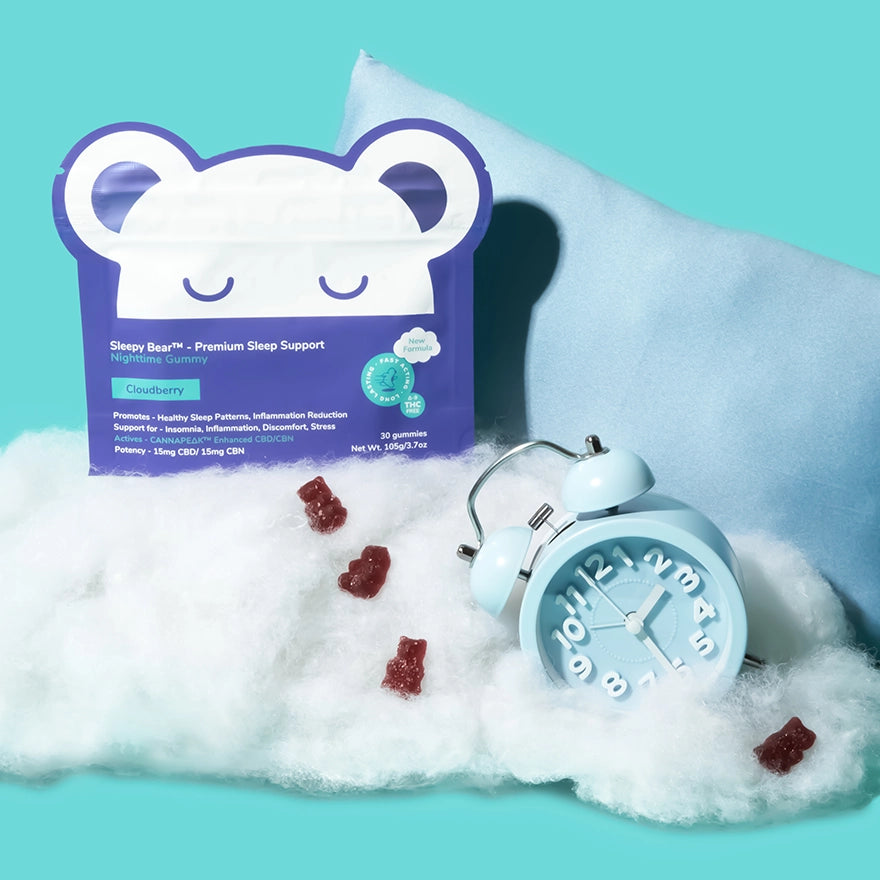 Sleepy Bear's CBD and CBN Nighttime gummies displayed with a clock, clouds and pillow