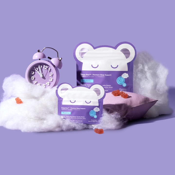 sleepy bear gummies with cloud background, cbd cbn melatonin gummies for sleep